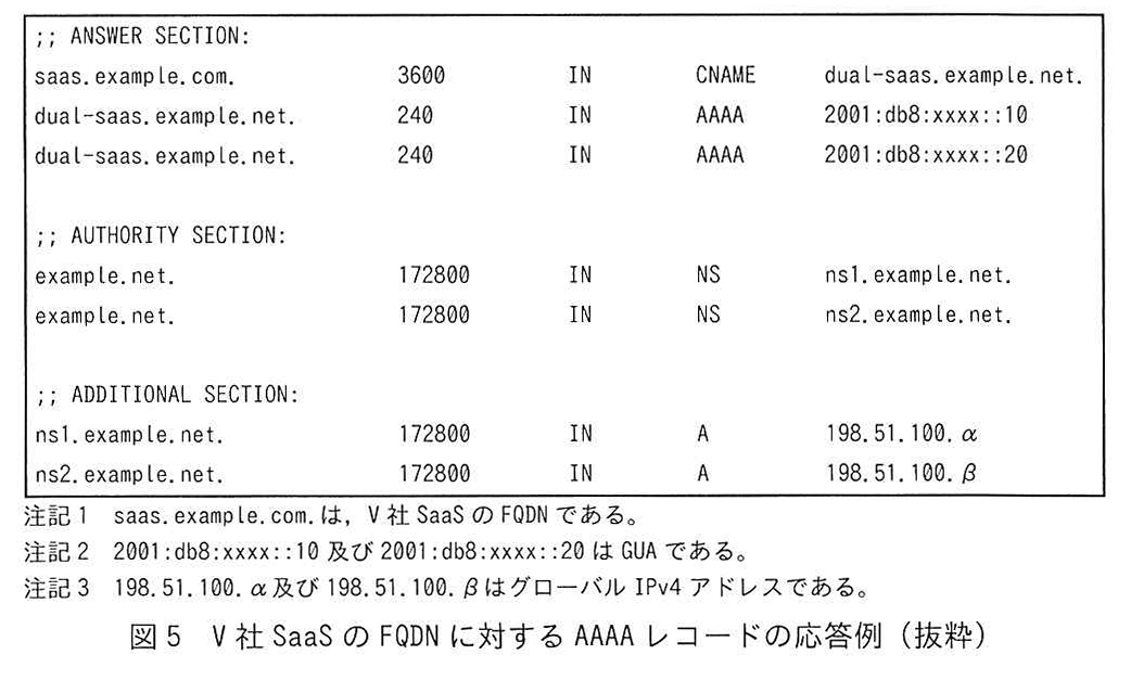 図5 V社 SaaS の FQDN に対する AAAA レコードの応答例（抜粋）