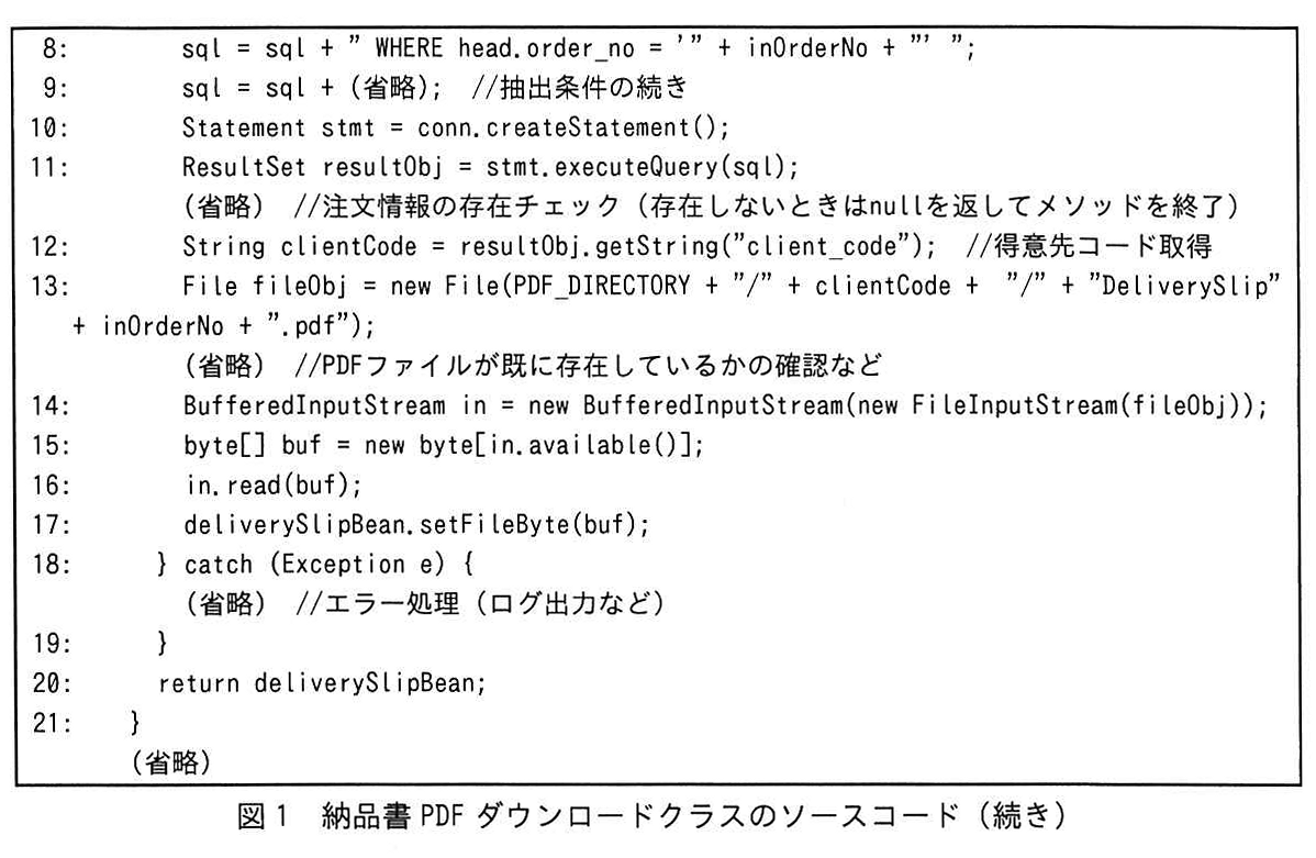 図1 納品書 PDF ダウンロードクラスのソースコード（続き）